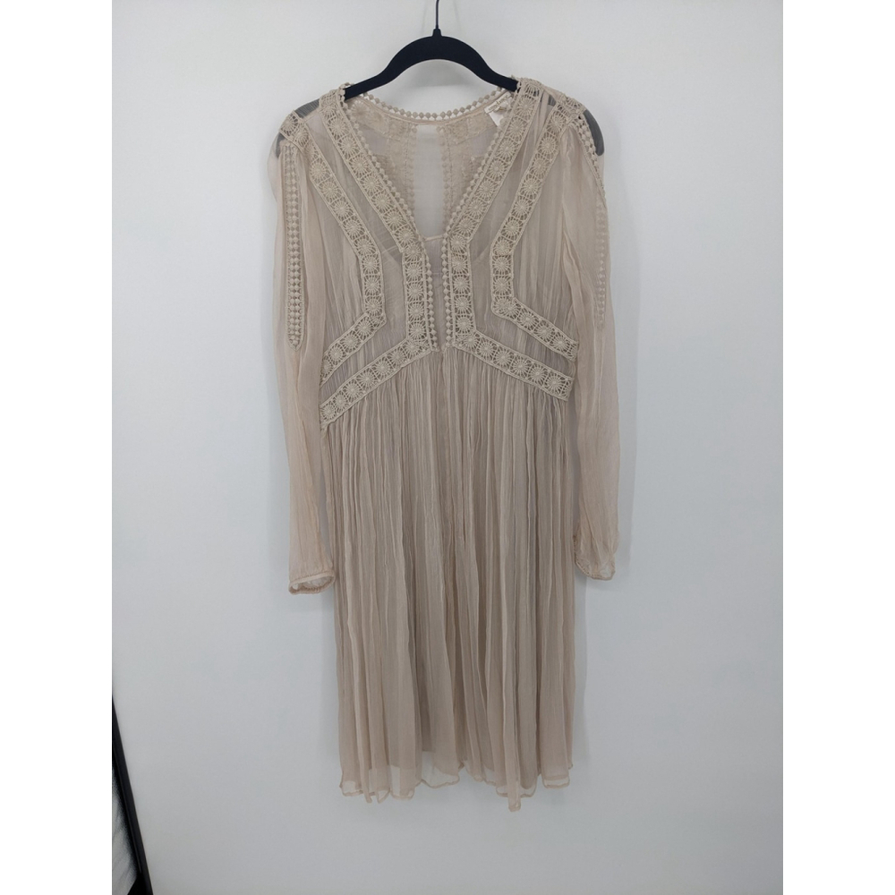 Sundance Dress Womens 6 Beige Sheer Long Sleeve Boho Peasant Lace Trimmed Midi - Picture 4 of 11